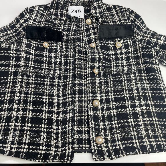 Zara Women’s Blazer‎ Jacket M Tweed Textured Plaid Black White Oversized Shacket - Picture 10 of 16